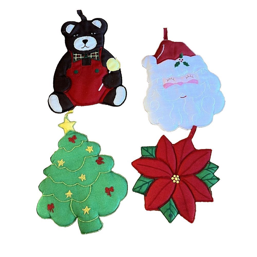 Christmas Hot Pad Set‎ Bear Tree Poinsettia Pot Holder Trivet Kitchen Decor